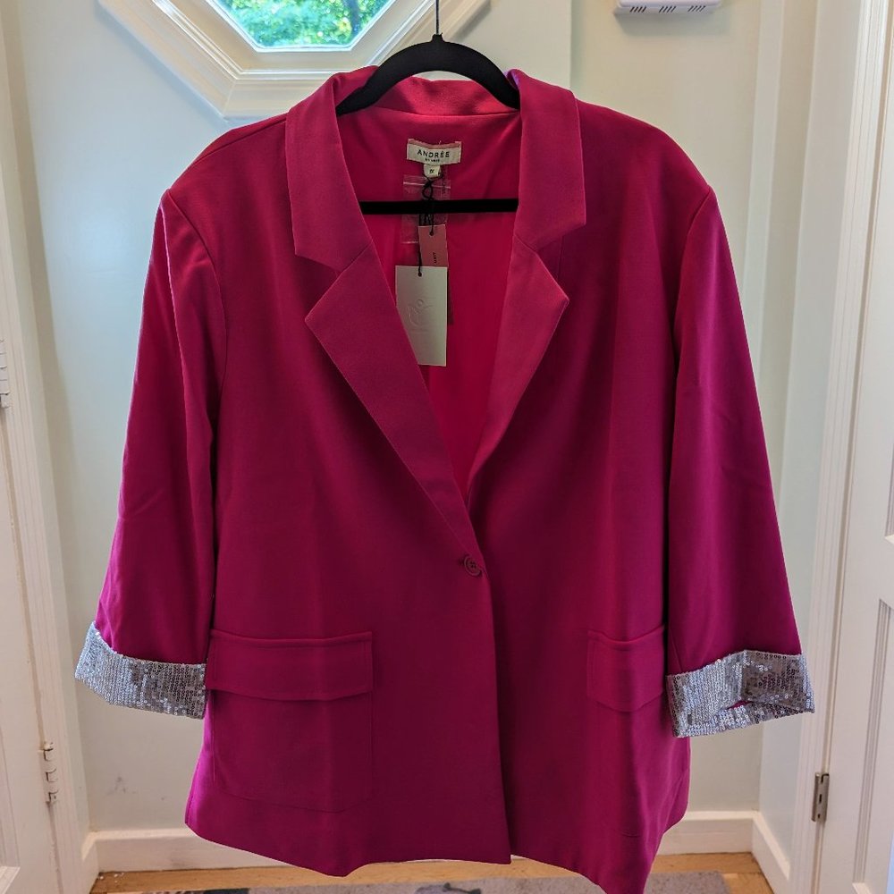 Women's Hot Pink Blazer with Silver Sequin Cuffs Andrée by Unit 1X - Picture 2 of 4